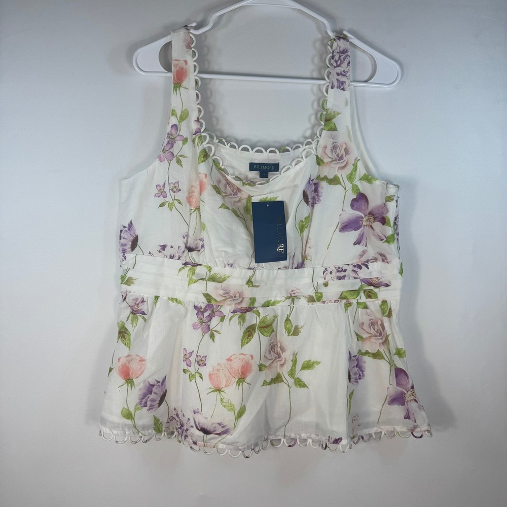 Biltmore Floral Cotton Tank Top Scallop Eyelet Trim Side Zip White Purple 14
